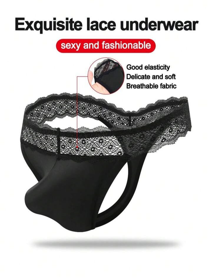 Men's Fashionable Black Fabric U-pouch Lace Trim Briefs For Men